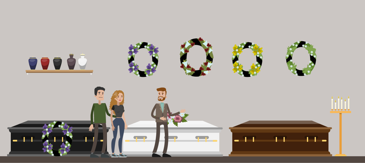 a man and woman selecting a casket with a funeral home worker