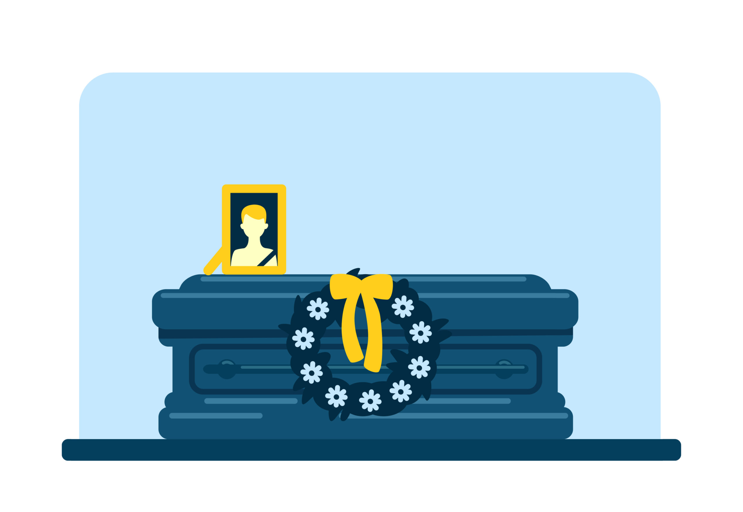closed casket with a wreath on the front and a photo of a person on top