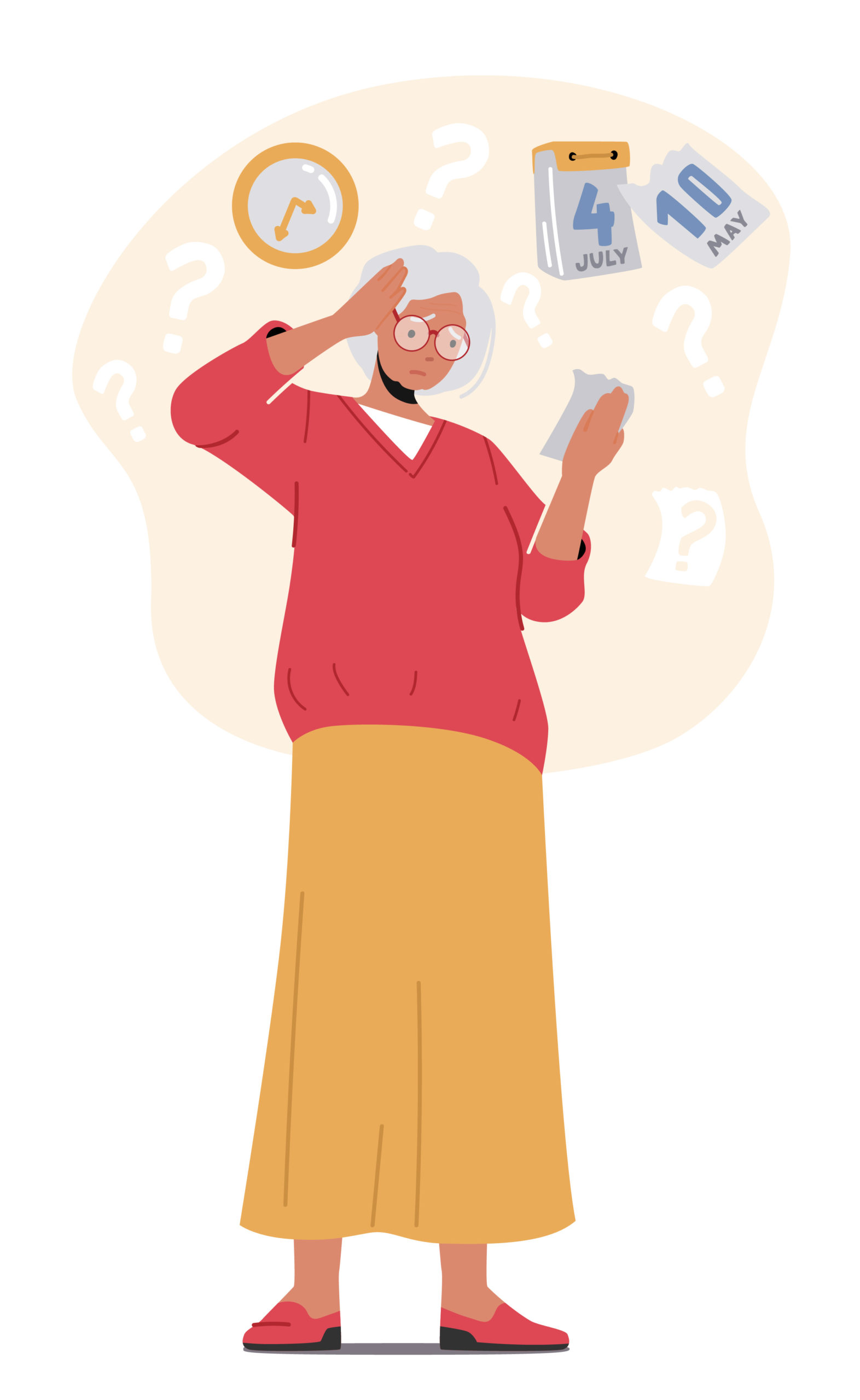 a woman with white hair looking at a piece of paper in her hand who appears confused about time and date