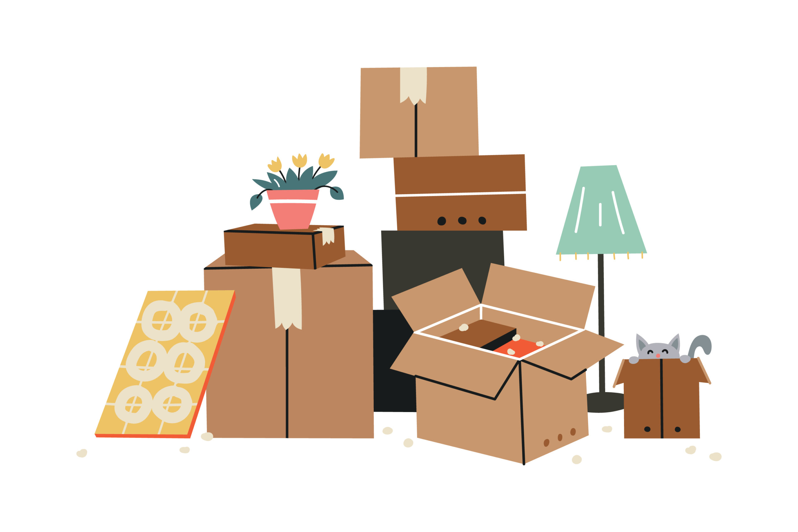 piles of moving boxes with a plant and a lamp