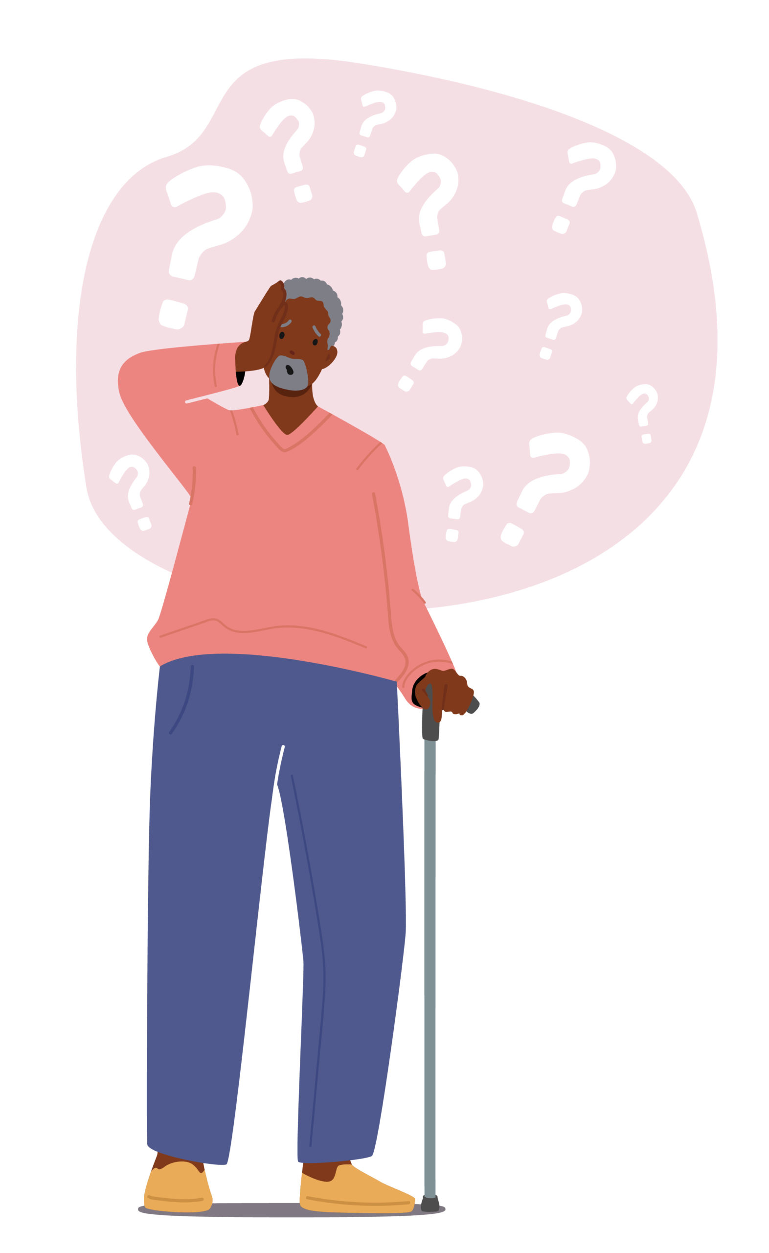 confused elderly man standing with a cane and holding his hand to his head