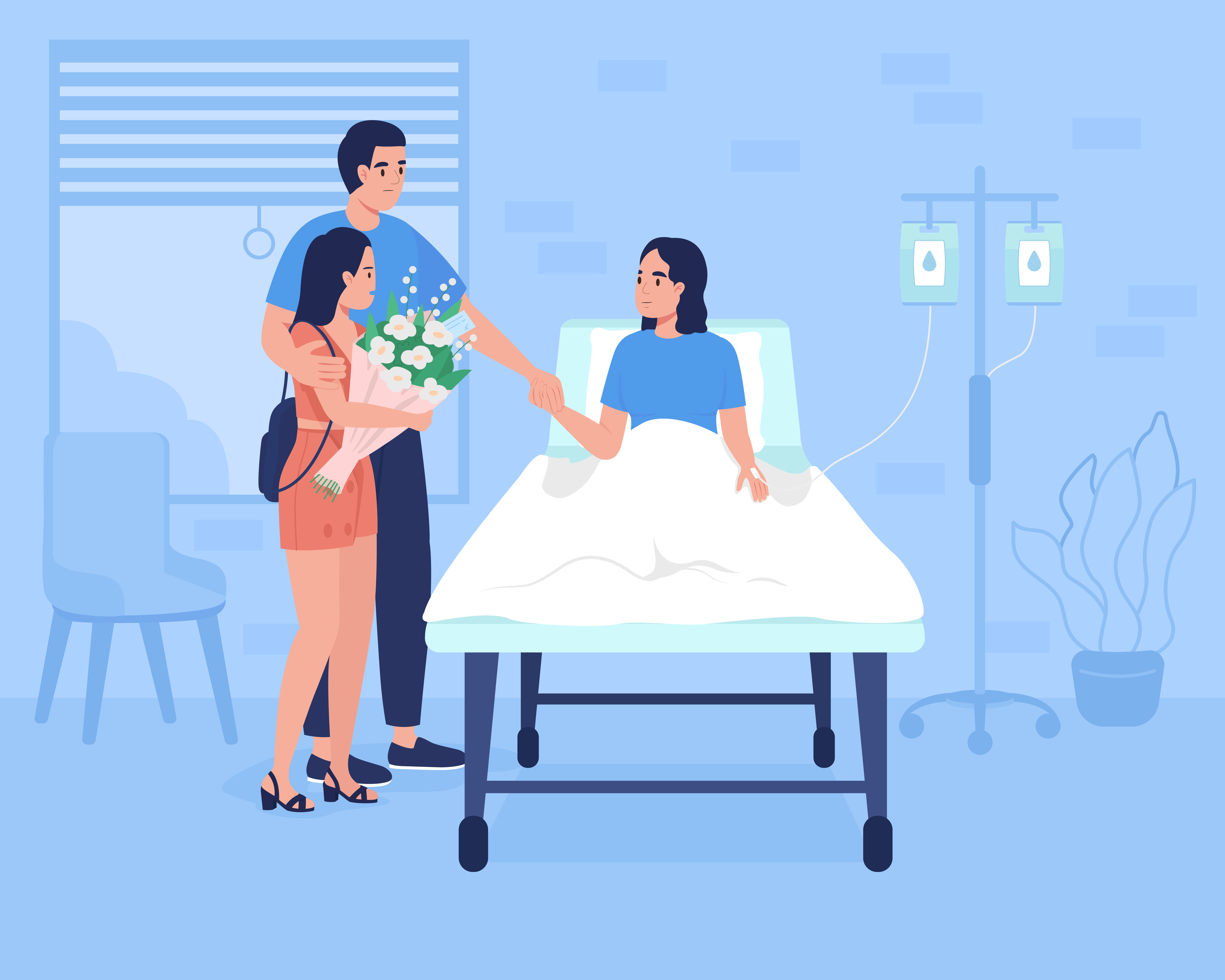 sick woman sitting in a hospital bed talking to a man and a woman holding flowers