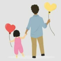a father holding a heart shaped balloon in one hand while holding hands with a little girl who’s holding a heart shaped balloon
